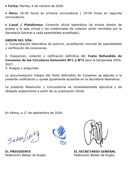 RESOLUCIÓN EJECUTIVA EXTRAORDINARIA DE LA JUNTA DIRECTIVA DE LA FBR Y CONVOCATORIA FORMAL DE ASAMBLEA GENERAL EXTRAORDINARIA TELEMÁTICA